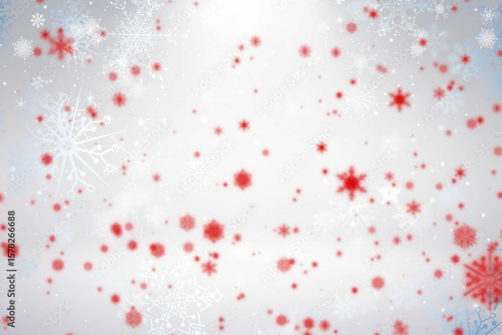 Poster showing abstract stylized red and white snowflakes and dots floating over pale gradient backdrop
