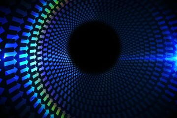 3D render is showing concentric arrows forming glowing blue-green tunnel into black void with flare
