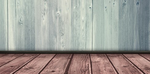 Wooden shelf on gray wall