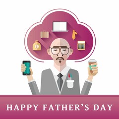 Composition of happy fathers day text over businessman and business icons