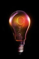 Incandescent light bulb glowing in flat design with transparent glass envelope and visible filament