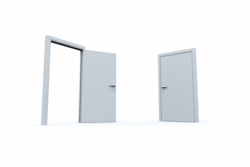 Flat design showing gray lever-handled doors on white backdrop open framed and closed, copy space