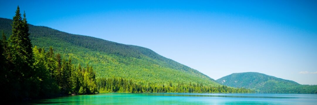 Fototapeta Mountain lake is glistening in flat design, with turquoise water, evergreen trees and distant hills