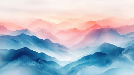 Obraz premium Misty Mountain Range at Sunrise, Blue Pink and Red Hues, Soft Light