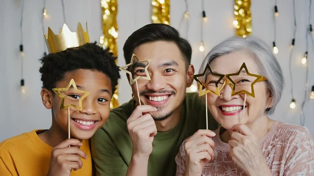 A cheerful family gathers for a fun experience, making exaggerated faces and using silly props at a DIY photobooth with a glittery backdrop for instant memories