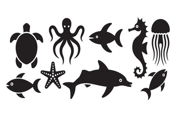 Set of marine animals black silhouette in cartoon style, cute sea animals isolated on white background, sea fish desing alements for poster, card, printing characters.