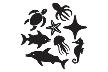 Set of marine animals black silhouette in cartoon style, cute sea animals isolated on white background, sea fish desing alements for poster, card, printing characters.