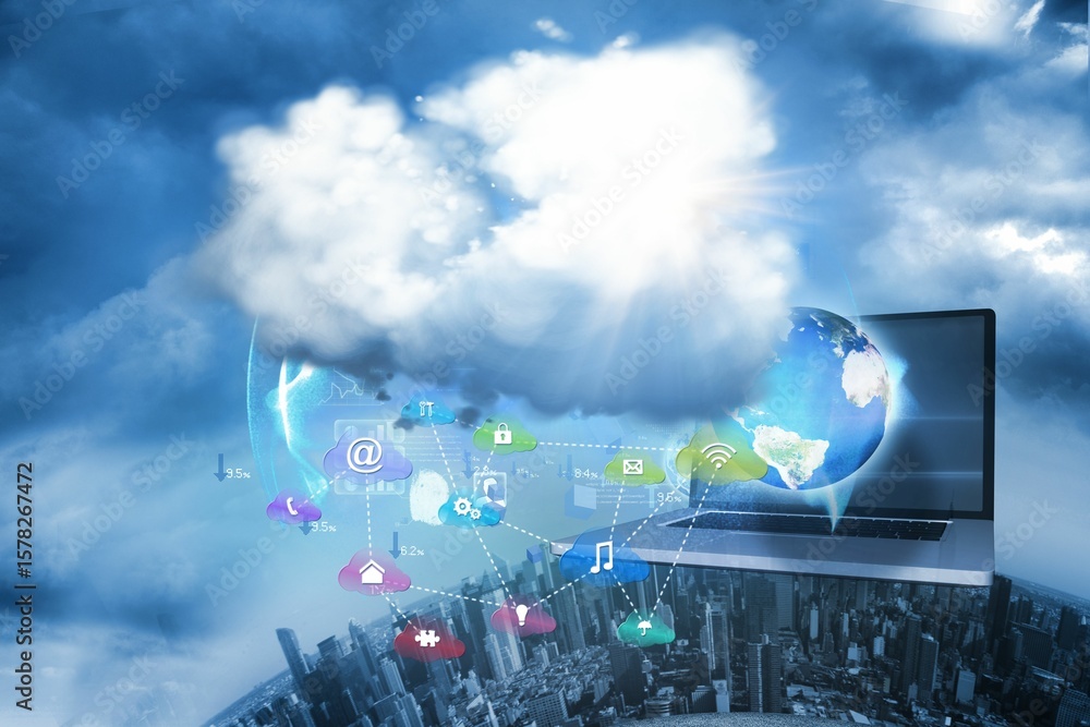Poster cloud computing 3d render showing cloud sending icons and emerging globe above laptop and cityscape