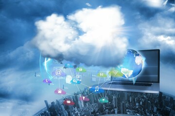 cloud computing 3D render showing cloud sending icons and emerging globe above laptop and cityscape