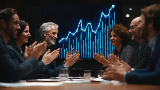 Business team applauds financial success: A team of business professionals is celebrating a financial achievement. They are clapping and happy with a rising graph in the background.