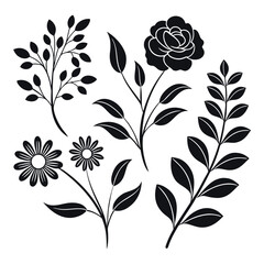Elegant Hand Drawn Flower Silhouettes with Rose, Daisy, Buds, and Leaves in Minimal Ink Style