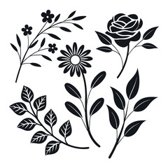 Elegant Floral Silhouettes Featuring Hand Sketched Roses, Daisies, Buds, and Leaves