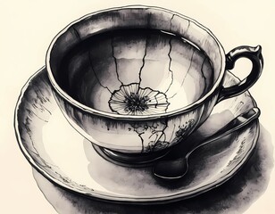 Black ink sketch of a teacup with a crack on the rim