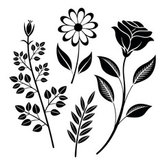 Ink Floral Elements with Rose, Daisy, Buds, and Leaves in Black Silhouette Style