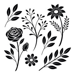 Hand Drawn Black Floral Silhouettes with Roses, Daisies, Buds, and Decorative Leaves