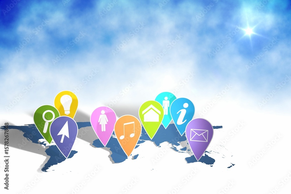 Poster flat design world map is showing nine colorful pins with icons on cloudy gradient background