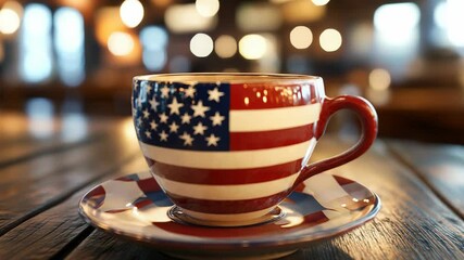 American flag coffee cup sitting on rustic wooden table in cafe