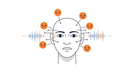 Flat vector illustration of a human face with abstract emotion wave icons, minimal style, blue and orange on white background, representing AI-based emotion detection.