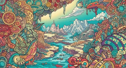 Vibrant fantasy landscape with a winding river and majestic mountains