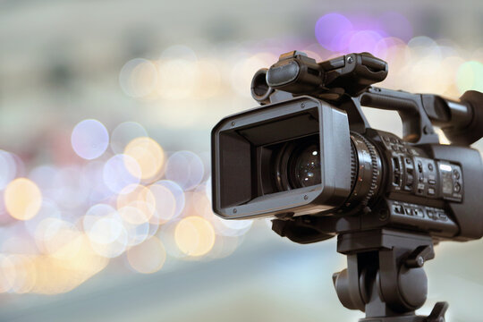 Video camera for make movie or journalist interview broadcasting reporter news or press conference speaker or public speaking or report record and content creator live media.