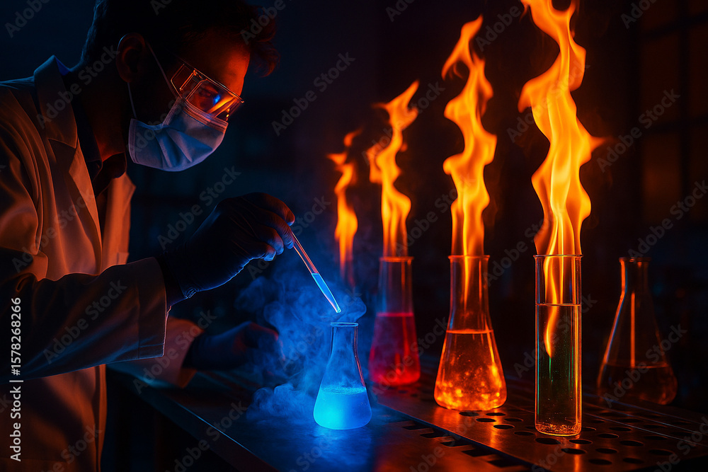 Aufkleber ai generated dramatic lab scene showing a scientist adding liquid into test tubes with vibrant flame