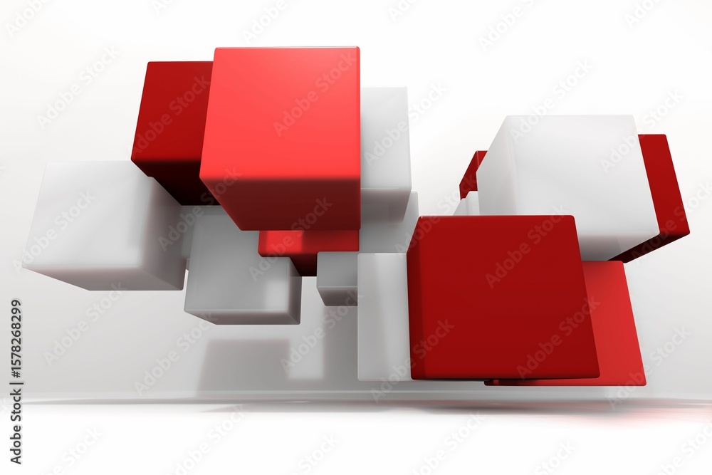Poster red and white 3d cube cluster is floating in white studio with reflective floor, copy space