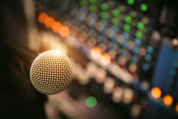 Microphone with sound mixer in studio for producer live broadcasting or audio equipment music instrument speaker of sounds record concepts.