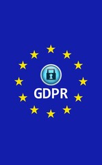 GDPR emblem is appearing on flat illustration with deep blue background, yellow stars, padlock icon