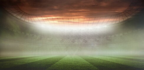 Displaying manicured grass pitch in flat design stadium with seating, floodlights, translucent roof