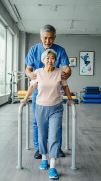 In a rehabilitation center, a white male therapist supports an elderly Asian woman as she takes her first steps after a stroke. The setting is equipped for physical therapy