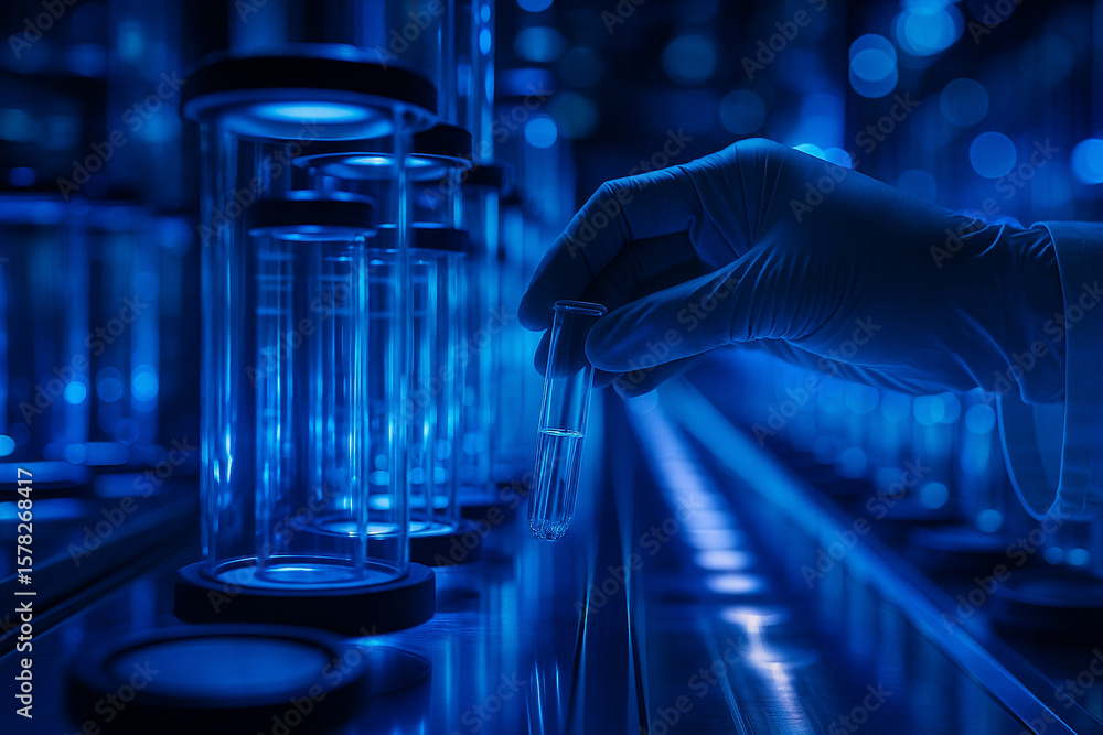 Poster ai generated a scientist hand selects a single test tube from a futuristic biolab with glowing blue 