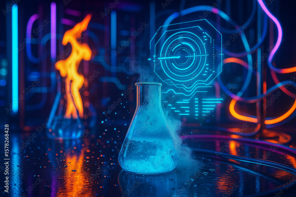 Aufkleber ai generated science lab scene showing cold blue vapor rising from flask with scattered droplets and