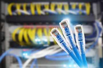 Cluse-up LAN internet network cable or RJ45 UTP Cat6 fiber optic Ethernet cables for cloud...