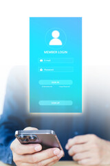 Screen of login username and password for identity or sign-up register of cyber security internet access join social or personal data protection or forget pass key unlock.