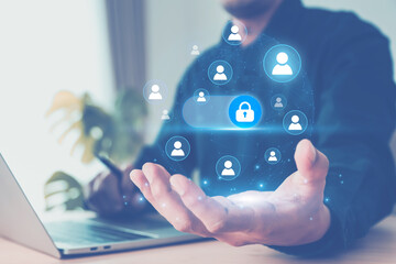 Hand and visual people icons for personal information protection identity password to login website or computer network security protect check and privacy data access.