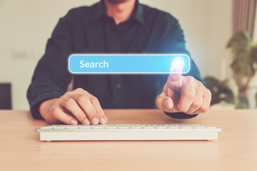 Hand use search engine for find data document management system detect or discover and online file transfer download or sharing and database service on computer network analytics concepts