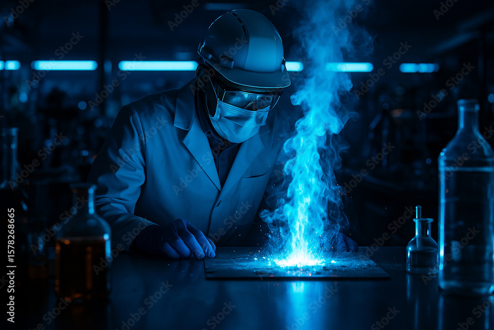 Poster ai generated a scientist conducts a powerful experiment with blue glowing energy bursting from lab e
