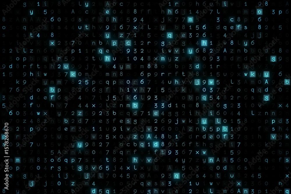 Poster abstract digital illustration showing glowing cyan alphanumeric grid on black virtual display