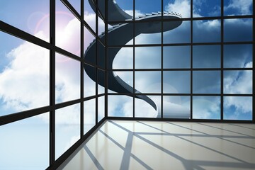 Staircase in blue sky seen through window