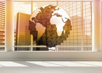 Orange earth floating in office building