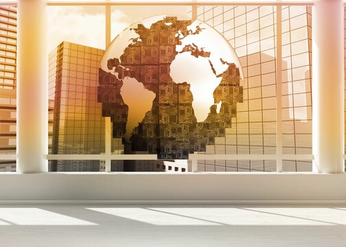 Fototapeta Orange earth floating in office building