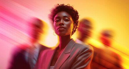 Stylish African businesswoman in blazer standing confidently among motion-blurred team in warm pink and yellow orange light