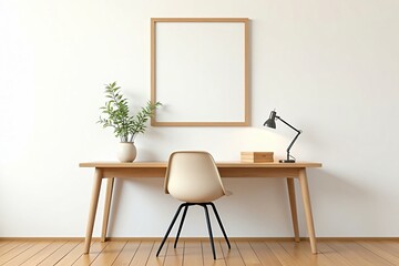 Minimalist home office setup with wooden desk and blank frame