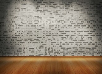 Obraz premium Painted white brick wall is being shown in flat design gallery with spotlights and wood floor