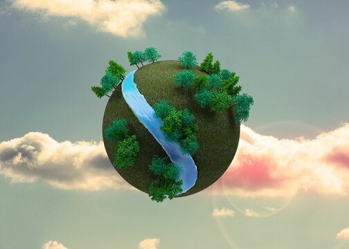 Fototapeta Futuristic earth floating in sky