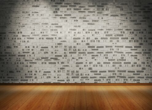 Fototapeta Painted white brick wall is being shown in flat design gallery with spotlights and wood floor