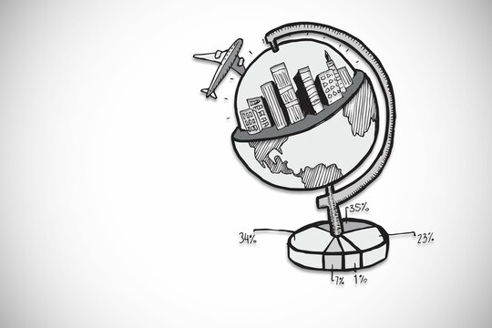 Fototapeta Hand-drawn line-art globe is opening to reveal cityscape, pie chart and airplane, copy space