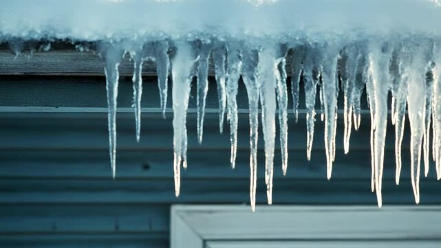 Sharp icicles hanging from roof covered with snow in winter