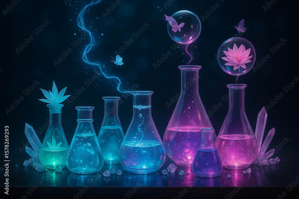 Poster ai generated fantasy lab flasks with glowing liquids flowers butterflies and crystals in a dreamy fu