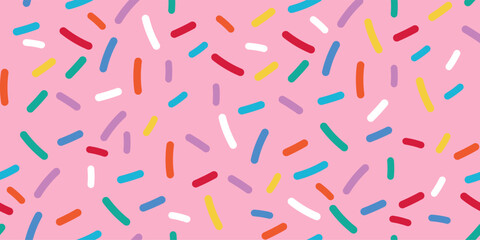 Seamless Rainbow Sprinkle Donut Pattern Featuring Color Glaze Background and Sweet Tiny Vermicelli Candy Elements for Dessert Inspired Projects and Fun Decorative Confectionary Design